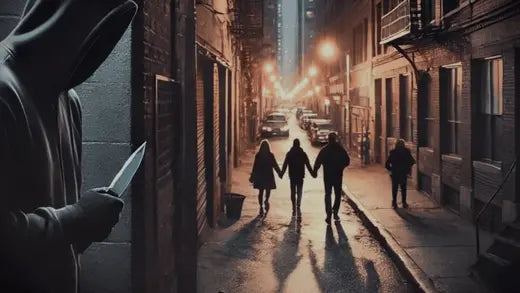 A hooded figure with a knife watching a family walk down a dark city alley