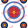 A bullseye target with a large central red and blue circular pattern, marked with scores from 3 to 10, and smaller bullseye targets in each corner. The Clinger Holsters logo and address appear at the bottom.