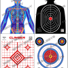 The image shows four Clinger Holsters targets: Neon X-Ray - A neon-colored anatomical target with scoring zones on the torso and head. Silhouette - A black silhouette with numbered scoring rings on the torso and head. Sight Grid - A red grid with diamond shapes for sighting practice, includes fields for shooter info. Bullseye - A classic bullseye with concentric scoring rings and smaller targets at the edges. Each target features the Clinger Holsters logo.