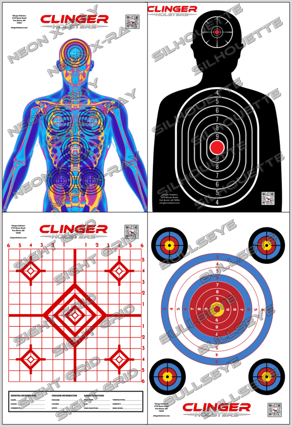 The image shows four Clinger Holsters targets: Neon X-Ray - A neon-colored anatomical target with scoring zones on the torso and head. Silhouette - A black silhouette with numbered scoring rings on the torso and head. Sight Grid - A red grid with diamond shapes for sighting practice, includes fields for shooter info. Bullseye - A classic bullseye with concentric scoring rings and smaller targets at the edges. Each target features the Clinger Holsters logo.